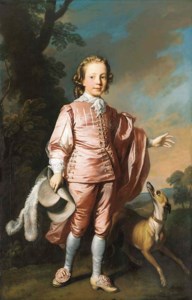 Portrait of John Prideaux Basset (1740-1756), full-length, in pink van Dyck dress, a whippet at his side, in a wooded landscape