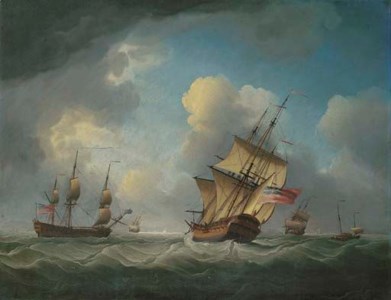 A Royal Naval squadron of the Red offshore in a heavy swell