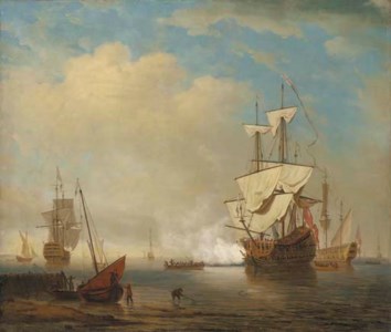 A flagship arriving at her anchorage to join the squadron of the Red