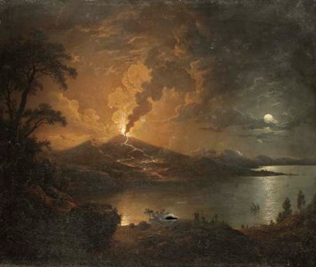 A coastal landscape with a volcano erupting by moonlight