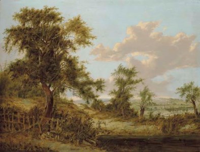 A wooded landscape in Surrey with figures, the village of Godstone beyond