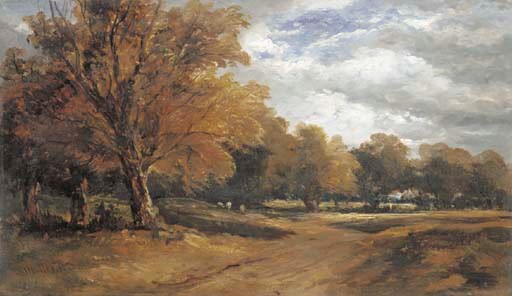An wooded landscape with sheep