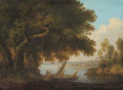 An Italianate lake landscape with figures and boats