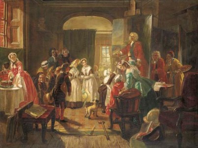 Hogarth's studio, 1739. Holiday visit of foundlings to view the portrait of Captain Coram. 'Hogarth painted a splendid portrait of Thomas Coram, the grand old sea-captain, who spent his fortune in cherishing deserted children, and in his old age was not ashamed to confess that he had spent his life in doing good ... We hope they still teach every little boy and girl foundling to murmur a prayer for Thomas Coram' - Sala.