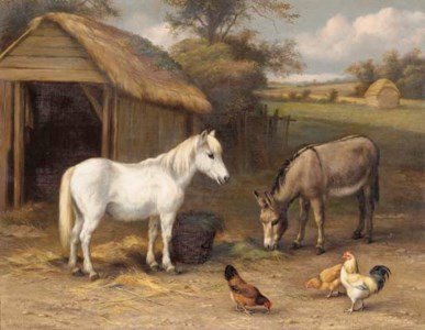 A pony, donkey and chickens in a farmyard