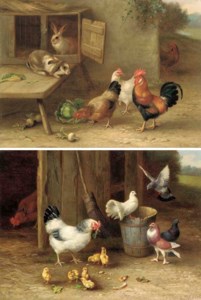 Chickens, chicks and doves; and The rabbit hutch, with rabbits and chickens