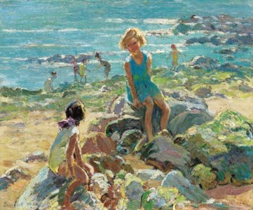 Children sitting on the rocks, recto; Trees on a shoreline, verso