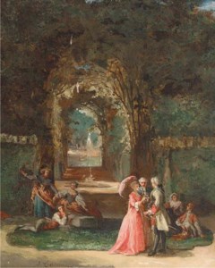 Elegant figures in a garden
