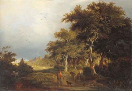Figures on a path in a wooded landscape
