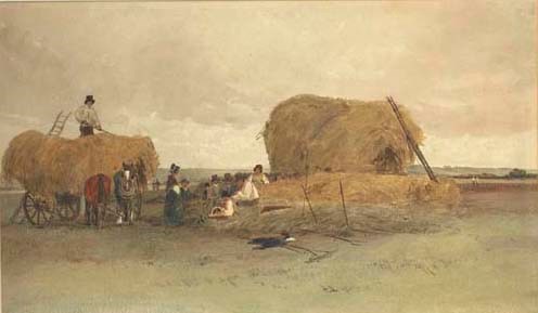 Harvesting scene, stacking hay