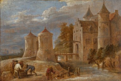 Landscape with fishermen beside a moated castle