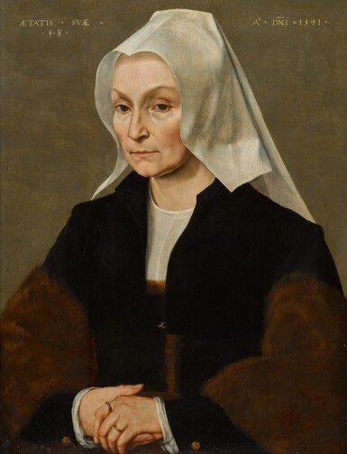 Portrait of a lady, half-length, wearing a black coat and fur wrap, with a white headdress
