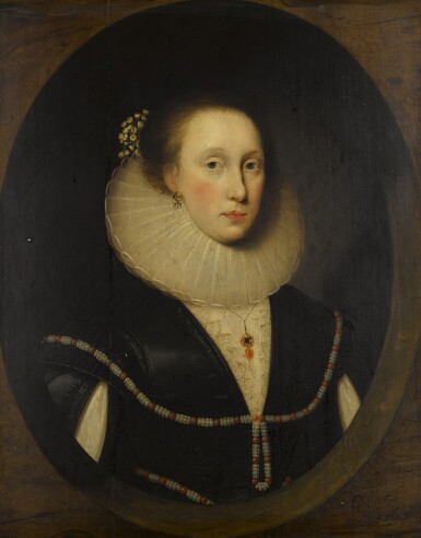 Portrait of Katherine Lady Leveson (1598-1674), half-length, wearing a black and white dress, a white ruff and a pearl rope