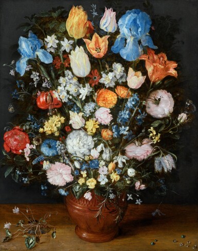 Jan Brueghel the Elder, A lavish still life of many flowers in a terracotta vase resting on a wooden ledge, flanked by a clump of cyclamen and scattered diamonds and sapphires | 《靜物：木檯上赤陶瓶中的絢爛花卉，伴一簇仙客來、幾顆鑽石及藍寶石》