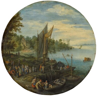 Jan Brueghel the Elder, A wooded estuary with a ferry and fishermen selling their catch | 《樹木繁茂的河口、渡船與售賣漁獲的漁夫》