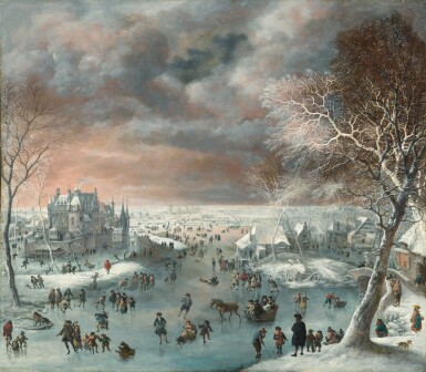 A winter landscape with figures ice skating, a village and castle beyond | 《滑雪遊人冬日景緻，遠眺城堡與村莊》