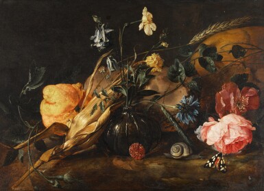 Still life with flowers in a glass vase, a lemon, an ear of corn, with a snail and butterflies beside a skull | 《靜物：玻璃瓶花與檸檬、玉米穗、蝸牛和骷髏旁的蝴蝶》