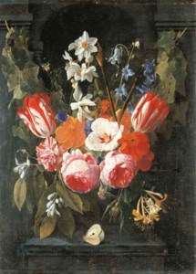 A swag of tulips, peonies, carnations, narcissi and other flowers with a butterfly in a stone niche