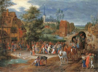 A village kermesse with a horse-drawn cart in the foreground