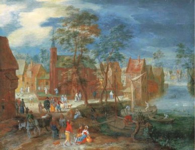 A village scene with peasants strolling by a river bank