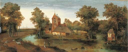 A moated tower with farmhouses