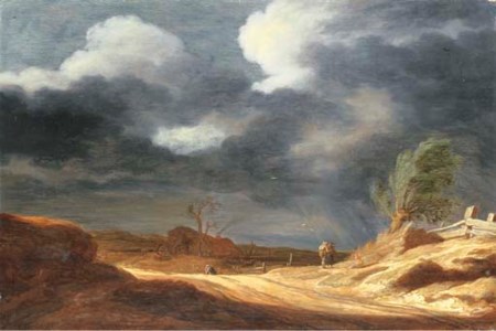 A dune landscape with travellers on a path