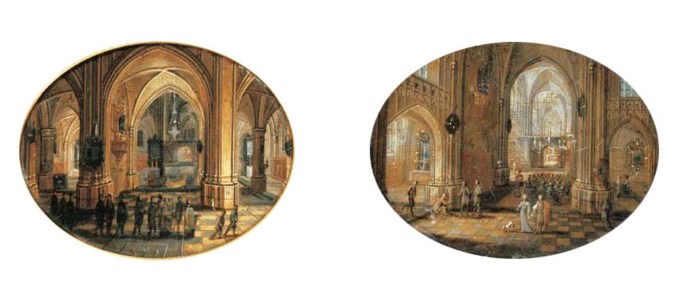 A cathedral interior with a mass; and A catheral interior with a candlelit procession