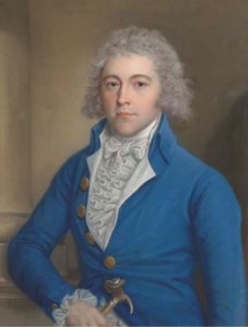 Portrait of a Gentleman, half-length, in a blue coat, holding a cane in his right hand