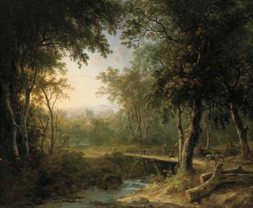 A figure on a bridge before a village at dusk