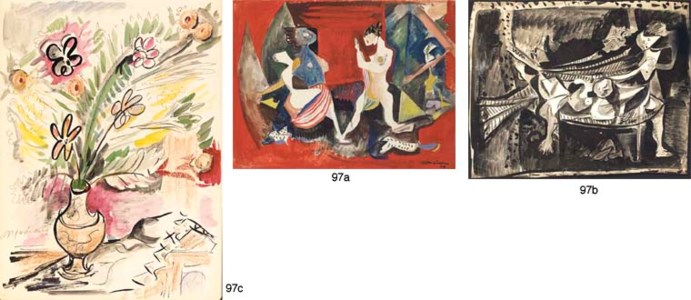 a. Untitled signed and dated 'Mariano 49' lower right watercolor on paper 22½ x 30in. (57.2 x 76.2cm.) Painted in 1949 b. Untitled ink on paper 20½ x 25¾in. (52.2 x 65.5cm.) Drawn ca. 1945 c. Florero signed 'Mariano' lower left watercolor, color crayon and ink on paper 13¾ x 10¼in. (35 x 26cm.) Painted in 1940