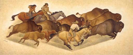 Running Buffalo with Hunters: Sketch for a Mural