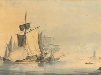 An Admiralty yacht firing a salute to signal her departure