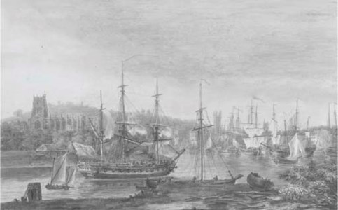 A frigate on the Severn, with Gloucester Cathedral off her port beam