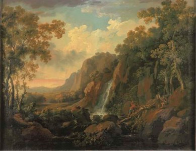 A mountainous wooded river landscape with a waterfall with two figures preparing to fish and another crossing the river across a fallen tree in the foreground