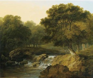 A wooded river landscape