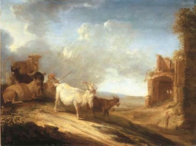An open landscape with a herdsman, goats and a cow on a track, a ruin beyond