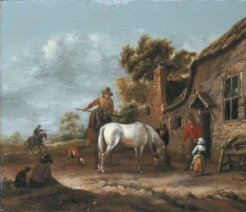 Travellers resting and watering their horses at a tavern
