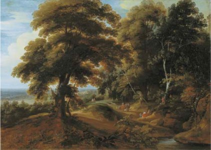 A wooded landscape with elegant figures on a path