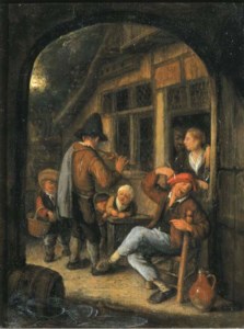 Peasants by a doorway with a pipe player, through an open arch