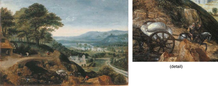 An extensive river landscape with millers on a road approaching a watermill, and a horse-drawn carriage with flour sacks crossing a ford in the foreground, a possible view of the Aartal valley beyond