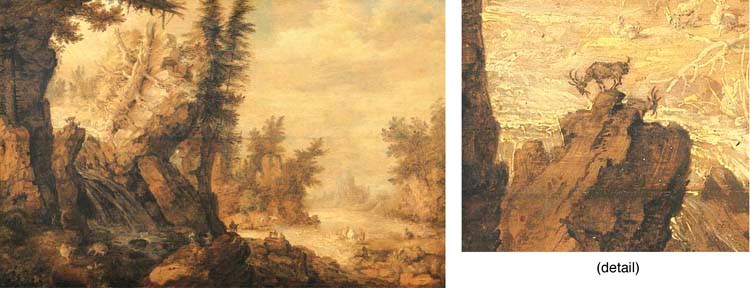 A wooded river landscape with deer, goats and lizards by a waterfall and cattle, swans and storks by the banks of a river, a castle beyond