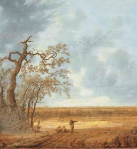An extensive landscape with peasants conversing by a dead tree