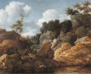 A wooded river landscape with peasants loading a boat