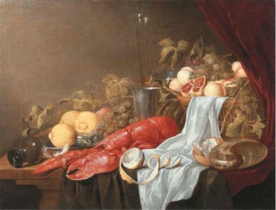 A pronk still life of a roemer , a partly peeled lemon, a lobster, a lemon on a pewter plate, a peach, grapes, lemons, a melon, a glass flute, a silver tankard, a crystal goblet, a conch shell and a basket heaped with pomegranates, grapes and peaches with a white napkin, on a partly-draped wooden table with a velvet curtain in the background