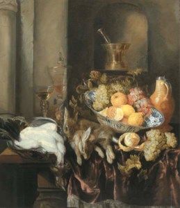 Grapes, lemons, and oranges in a Wan-li 'kraak' porselein bowl, with a plucked chicken and two hares, and two façon-de-Venise glasses on a partly draped ledge, a pewter mounted tanker and a pestle and mortar in a niche beyond