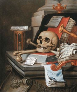A vanitas still life with an hour glass, a skull and crossbones, a scroll, two books, music scores, a flute, a violin, a sheet of paper inscribed 'MEMENTO MORI ...', an incense burner, another sheet of paper inscribed 'VANITAS VANITATUM ETOMNIA VANITAS' and a lute on a stone ledge