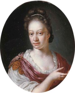 Portrait of a lady, small bust-length, in a white gown and a fuchsia shawl held together with a gold clasp set with a stone, pearls in her hair