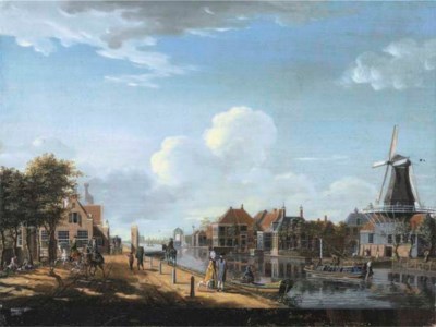 Amsterdam: The 't Spaarne canal in Slooterdijk with the ferry office and the tollgate on the left hand side