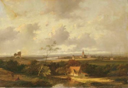 A panoramic river landscape with a town in the distance