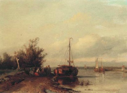 Figures resting on a riverbank by a moored sailing vessel